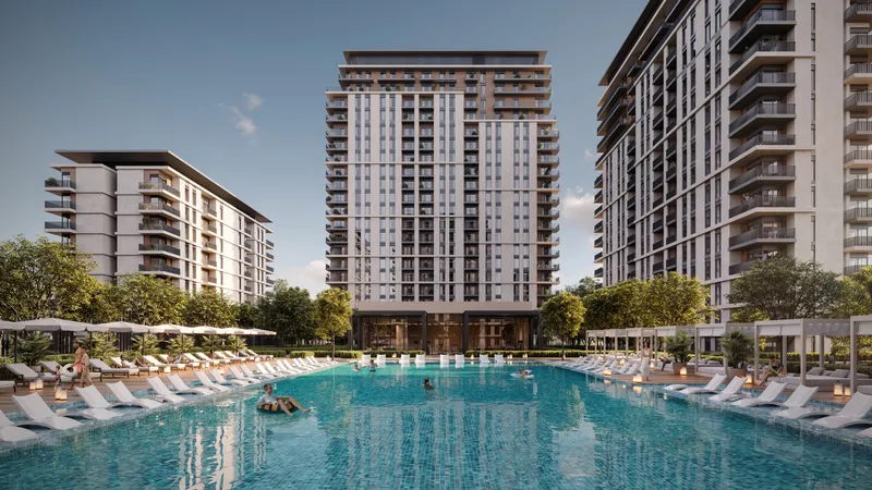 Render of the Park Lane pool with sun loungers and the apartment buildings behind