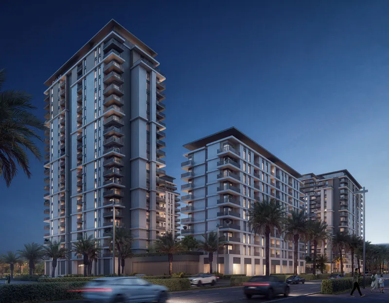 Street-level render of the Park Lane apartment buildings at dusk