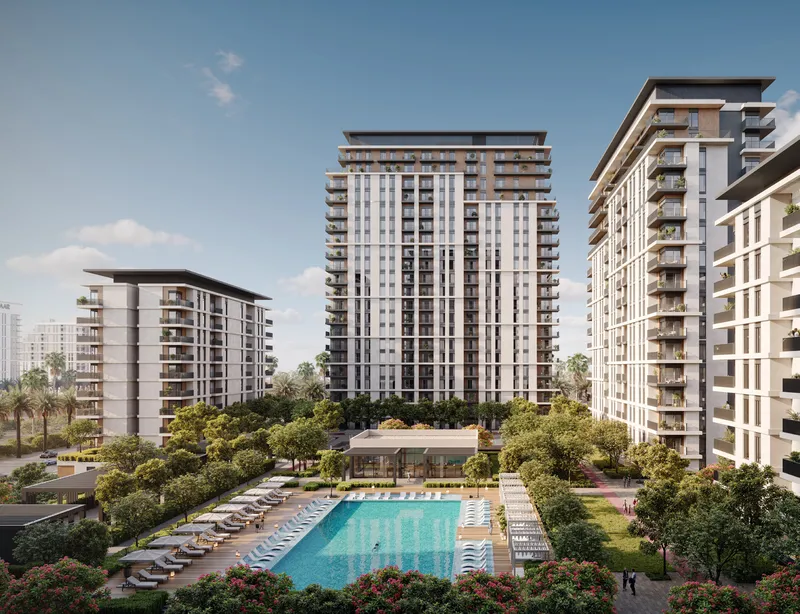 Render of the Park Lane apartment buildings around the landscaped podium and pool