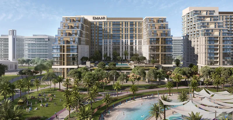 Render of the Parkside Views apartment buildings by Emaar seen across Dubai Hills Park