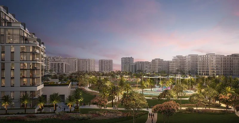 Parkside Views at dusk with Dubai Hills Park and neighbouring apartment buildings beyond
