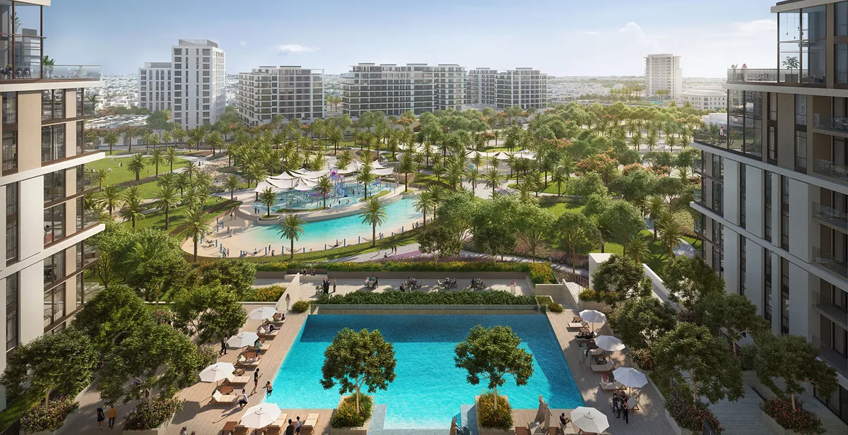 Podium swimming pool at Parkside Views with Dubai Hills Park behind it