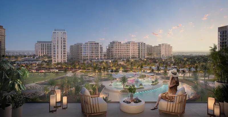 View from a Parkside Views terrace over Dubai Hills Park at sunset
