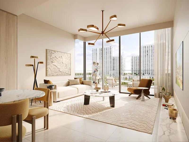 Interior render of a Parkwood living room with floor-to-ceiling windows and a balcony