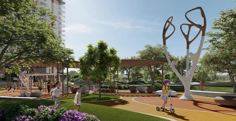 Render of children playing on the paths and lawns of Hillside Park beside Parkwood