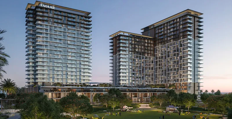 Render of the Parkwood towers at dusk seen across the lawns of Hillside Park
