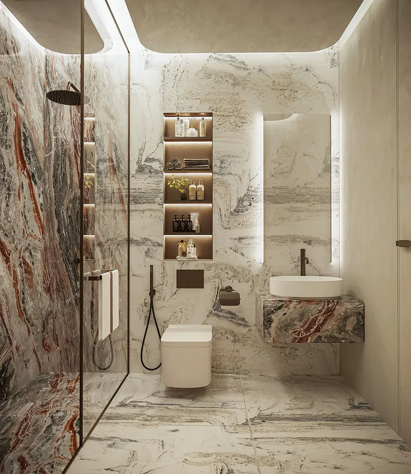 Render of a marble bathroom with a walk-in shower at Peace Avenue