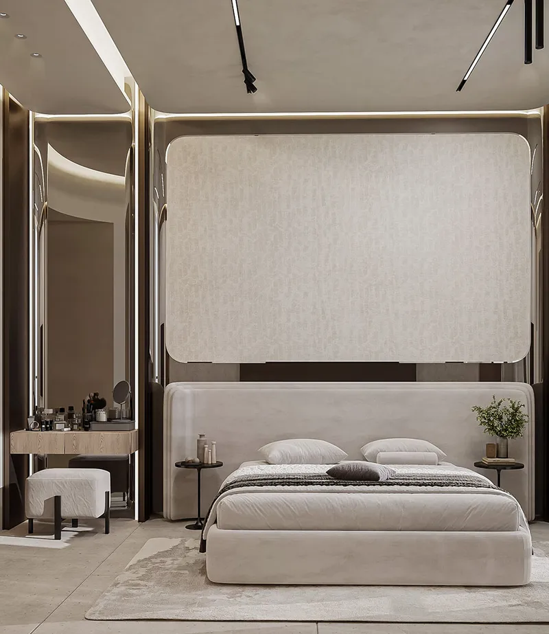 Render of a bedroom with a dressing table at Peace Avenue