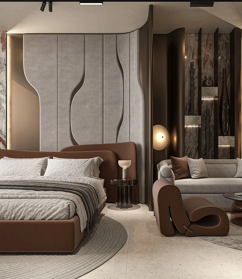 Render of a large bedroom with a seating area at Peace Avenue
