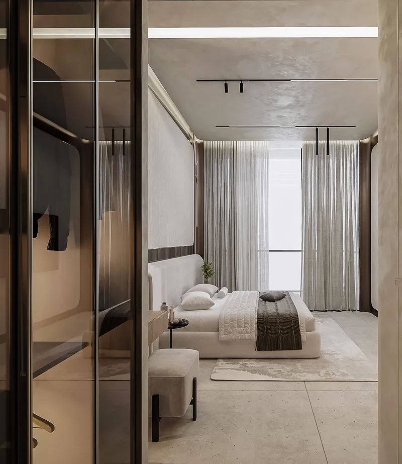 Render of a bedroom seen past a glass-fronted wardrobe at Peace Avenue