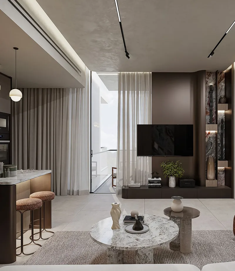 Render of an open-plan living room and kitchen at Peace Avenue