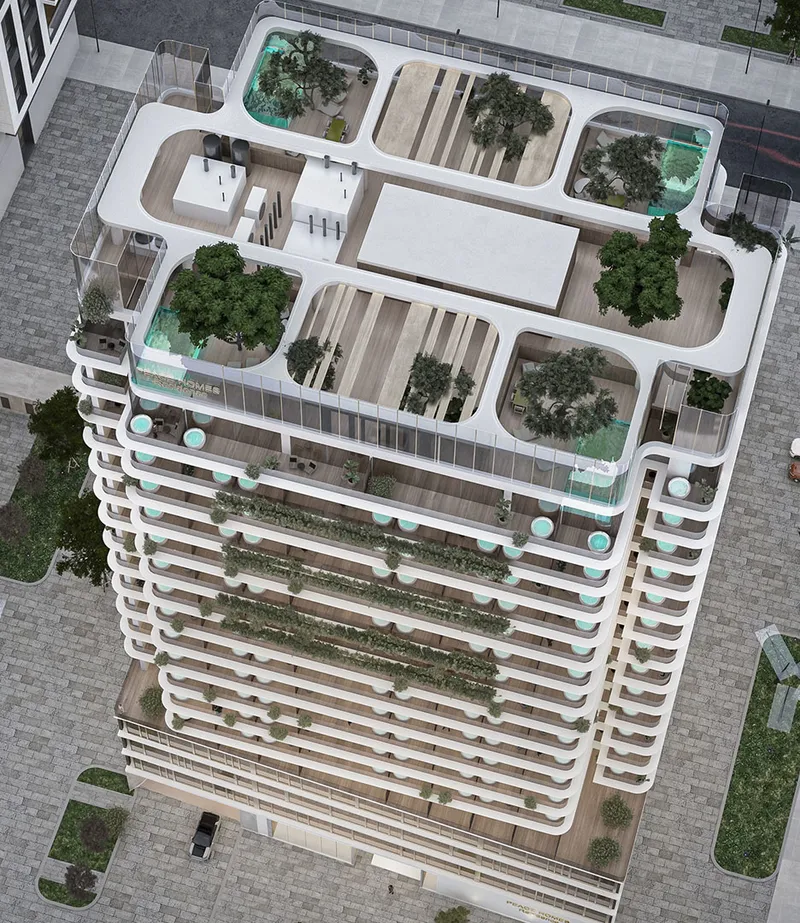 Aerial render of the Peace Avenue roof, with penthouse terraces, plunge pools and planting