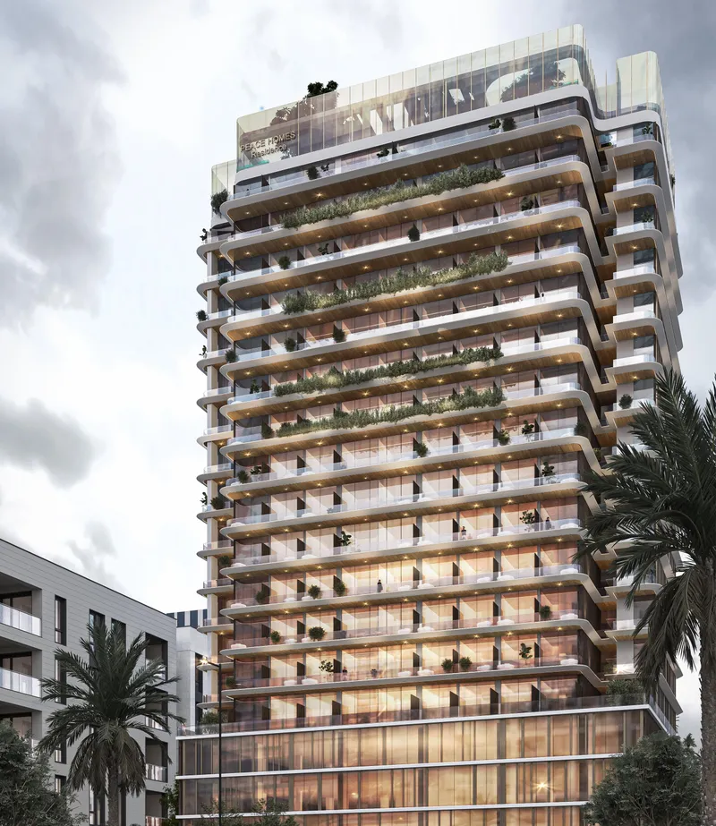 Render of the Peace Avenue tower at dusk, with planted balconies and a glazed podium