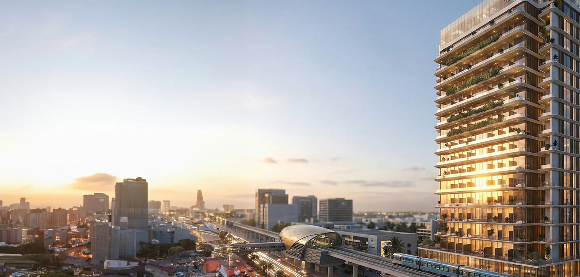 Render of the Peace Avenue tower beside Sheikh Zayed Road and the metro line at sunset
