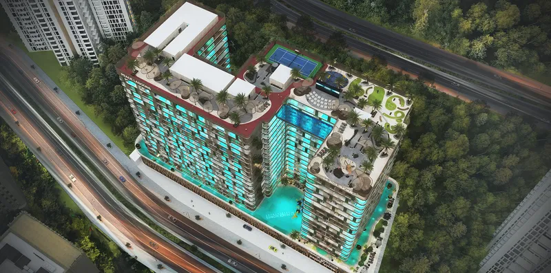 Aerial render of the Peace Lagoons complex with the lagoon, courts and rooftop terraces