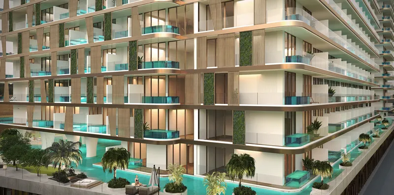 Render of the building facade along the edge of the lagoon