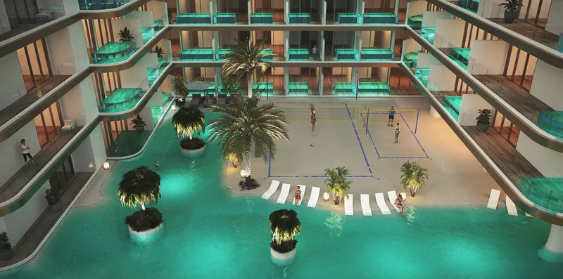 Render of the inner courtyard with the lagoon and a beach volleyball court