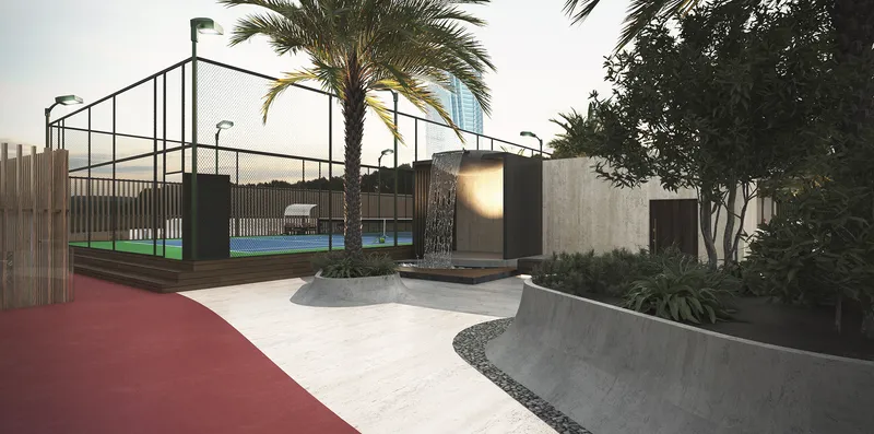 Render of the fenced sports court and jogging path among palm trees