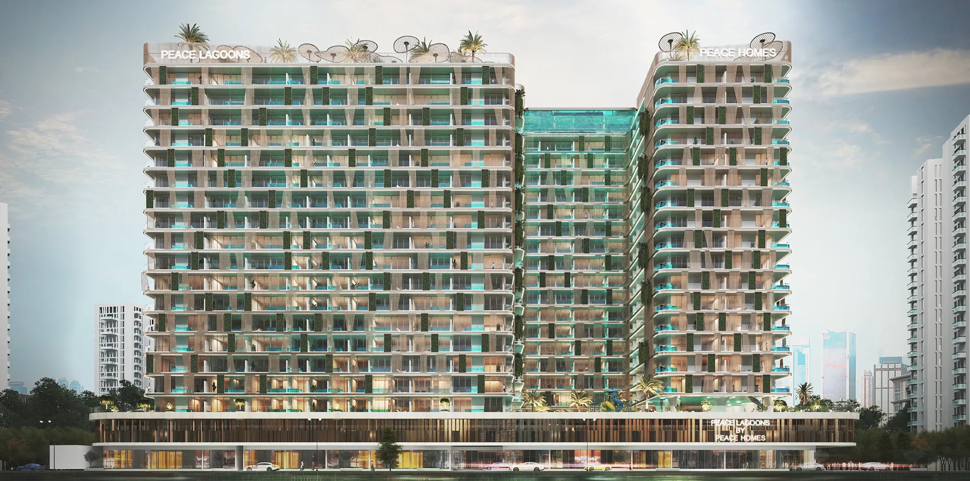 Render of the Peace Lagoons building in Dubailand Residence Complex seen from the front