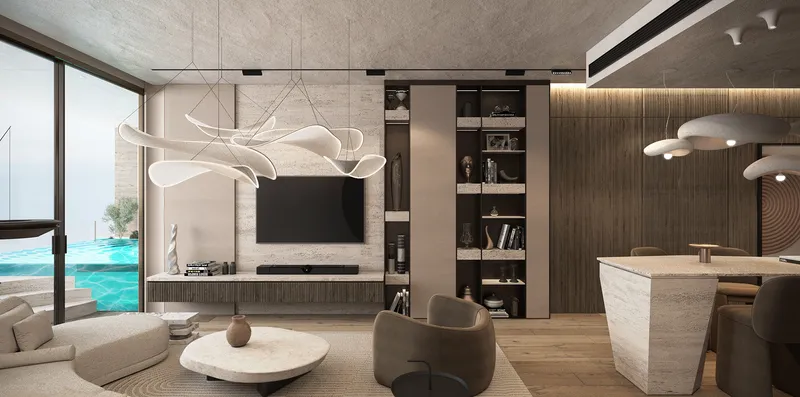 Render of a one-bedroom living room opening onto a terrace with a private pool