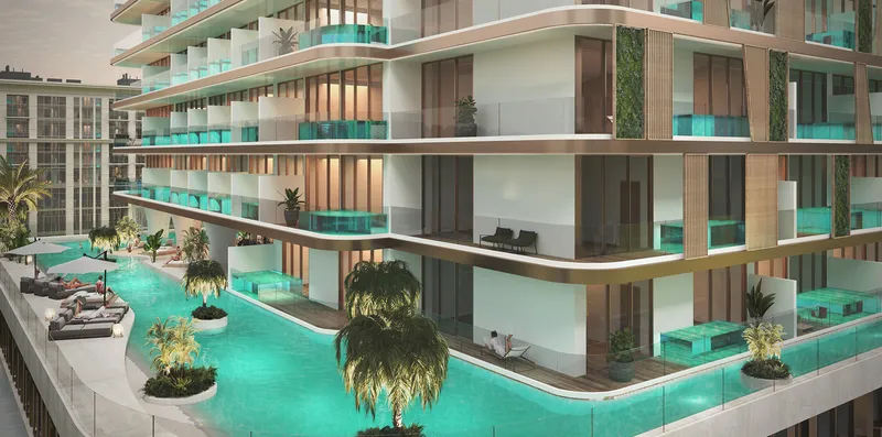 Render of apartment terraces with private pools above the lagoon pool and sun loungers