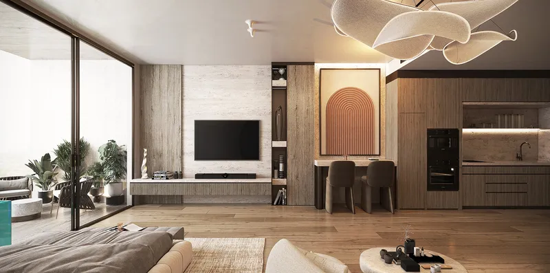 Render of a studio apartment with an open kitchen, dining table and balcony
