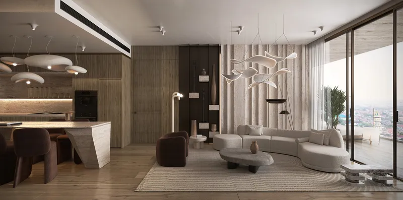 Render of a two-bedroom living and dining room with floor-to-ceiling windows