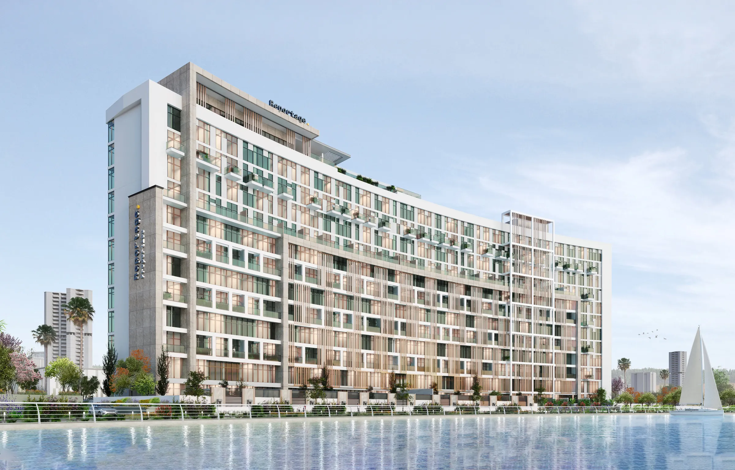 Perla 2 by Reportage, a curved residential building on the Yas Bay waterfront, Abu Dhabi, seen across the water (developer render)