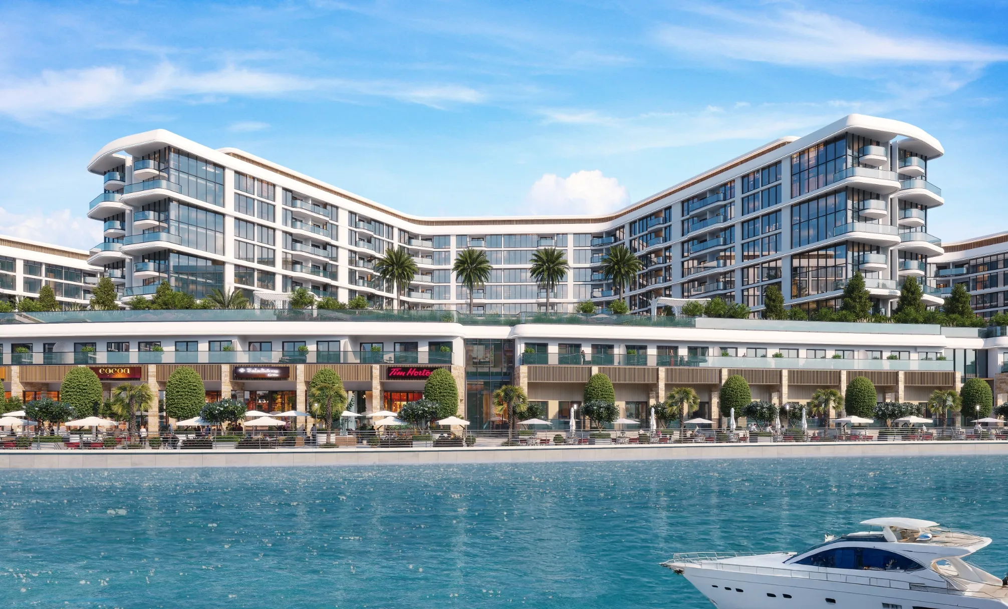 Pierside Marina Residences above the row of waterfront shops on the marina of Sobha Siniya Island