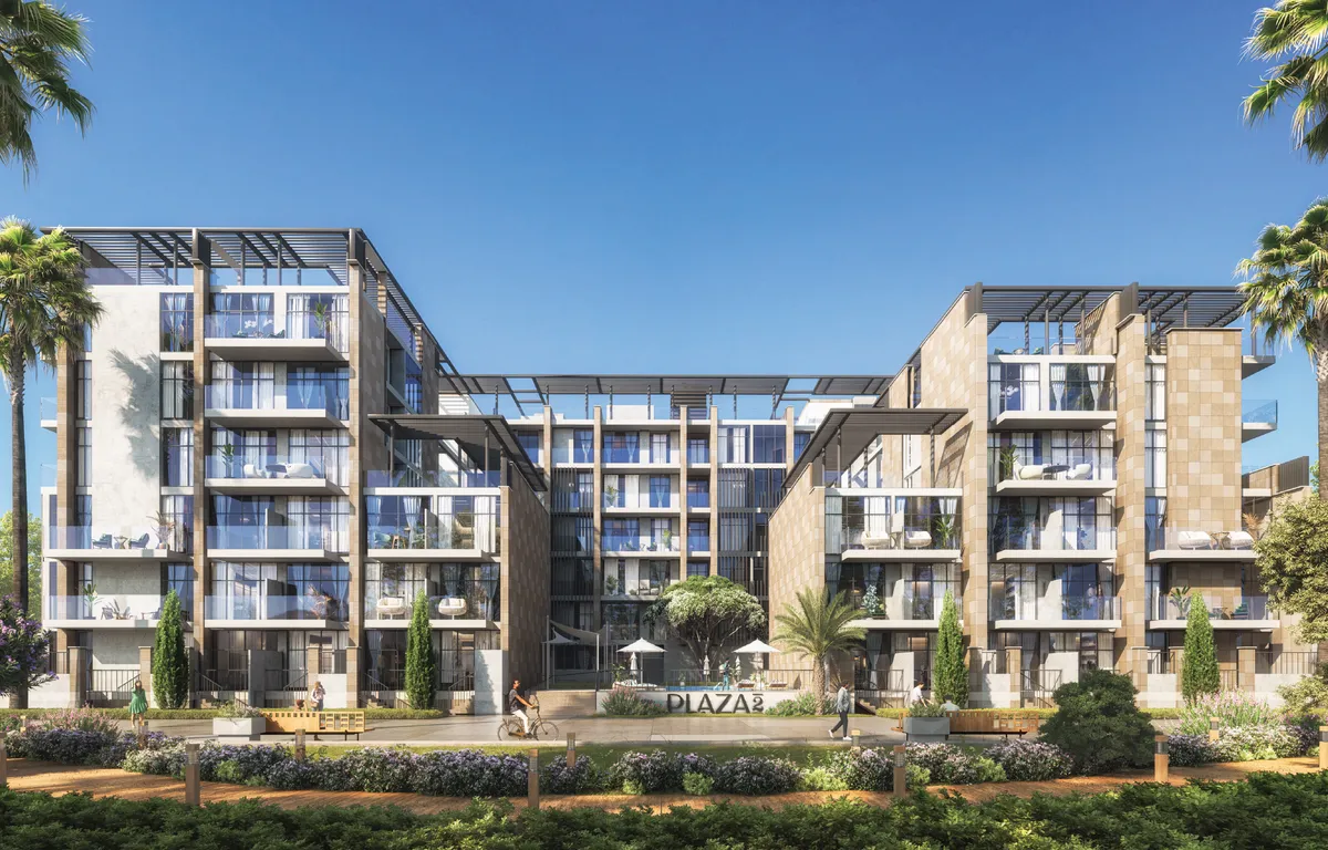 Plaza 2's low-rise residential building with stone-clad facades, balconies and a landscaped frontage in Masdar City, Abu Dhabi (developer render)
