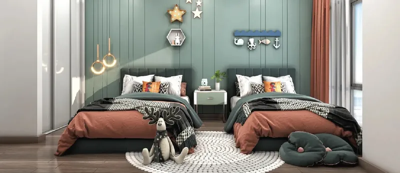 Children's bedroom with twin beds in a Plaza 2 apartment (developer render)