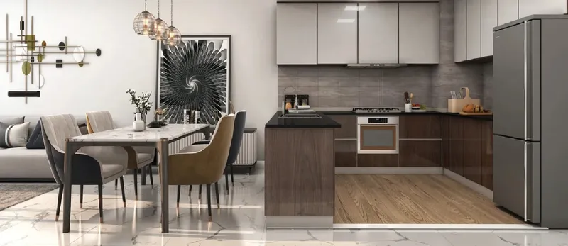 Fitted kitchen and dining area in a Plaza 2 apartment (developer render)