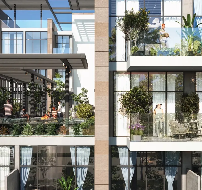 Close view of Plaza 2's terraces, balconies and a shaded roof-level seating area (developer render)