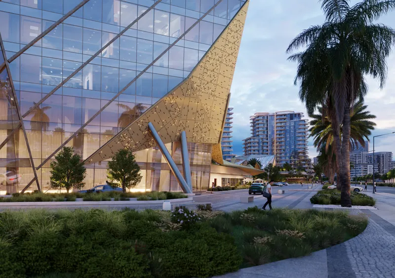 Street-level render of the glass business tower at Portside Square, with a residential tower behind