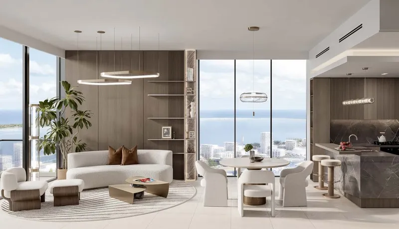 Render of a living and dining area in an apartment at Portside Square