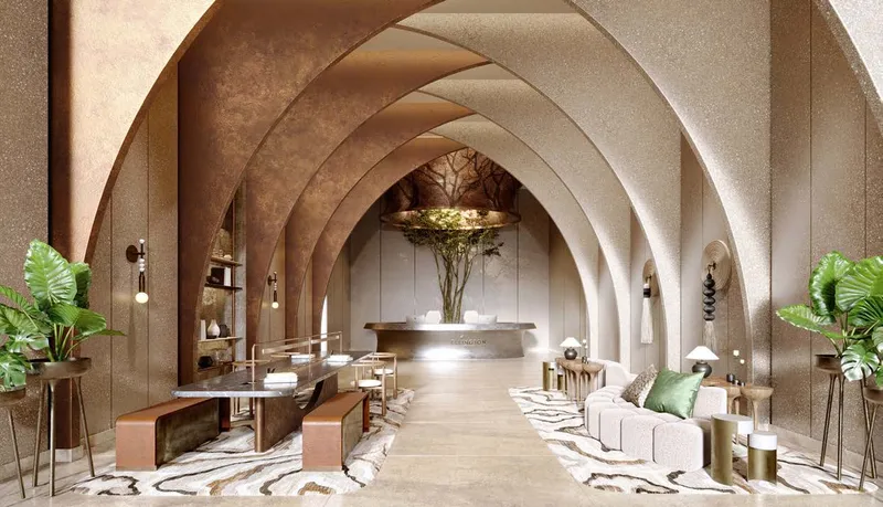 Render of the arched lobby lounge at Portside Square