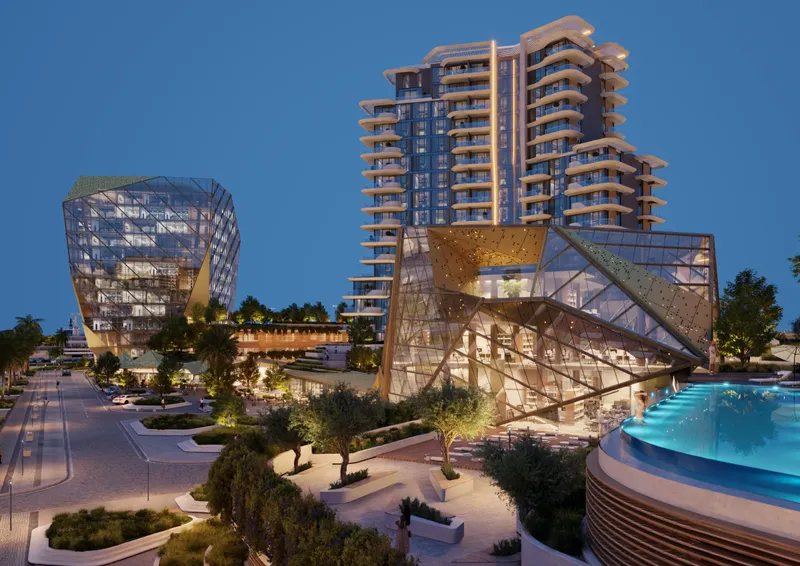 Render of the amenity pavilion and pool at Portside Square at night