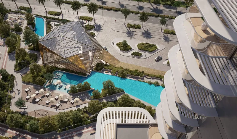 Aerial render of the pool deck, gardens and glass pavilion at Portside Square