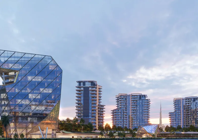 Render of the Portside Square residential towers and glass business tower at dusk