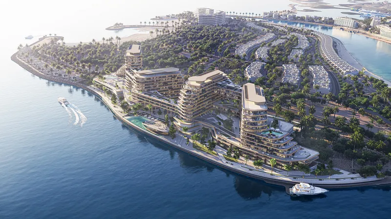 Aerial render of Quattro Del Mar on the Hayat Island shoreline in Mina Al Arab