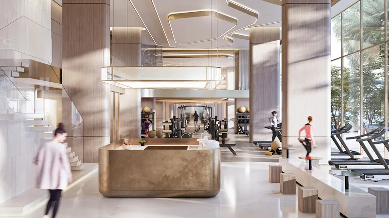 Render of the gym at Quattro Del Mar, with treadmills along full-height windows