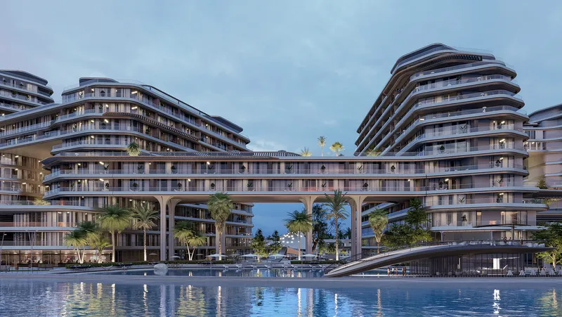 Render of Quattro Del Mar from the lagoon, with a residential bridge spanning two towers