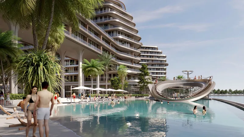 Render of the lagoon pool and beach club deck at Quattro Del Mar