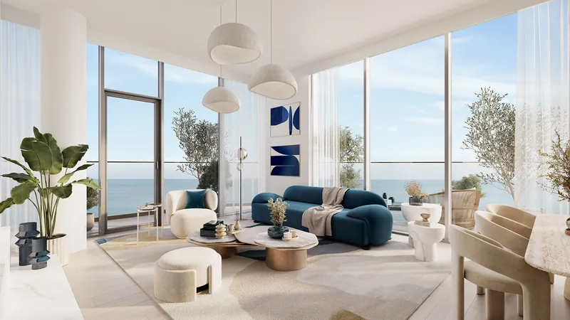 Render of a two bedroom apartment living room at Quattro Del Mar with sea views