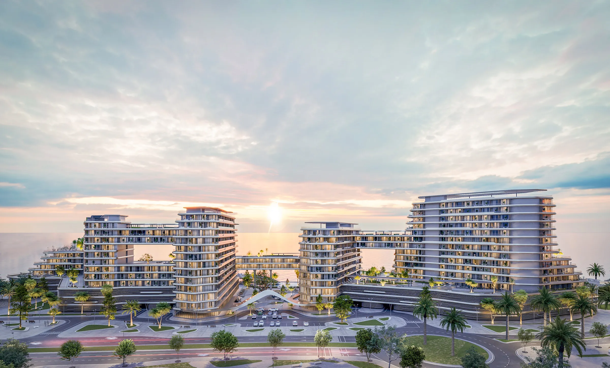 Render of the four Quattro Del Mar towers on Hayat Island at sunset, joined by sky bridges