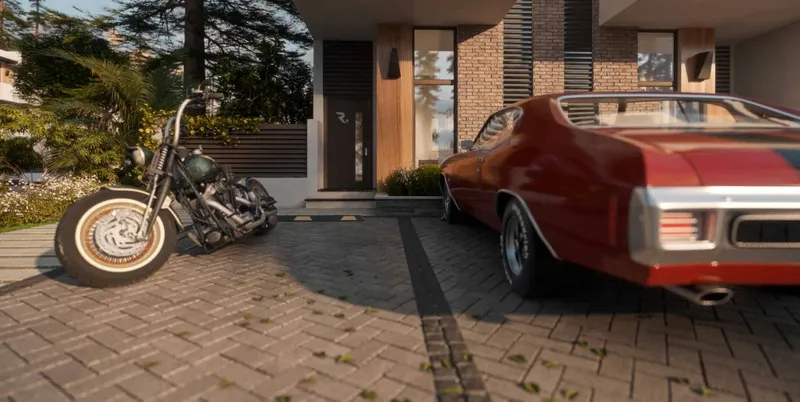 Private paved driveway and entrance of an R. Hills townhouse (developer render)
