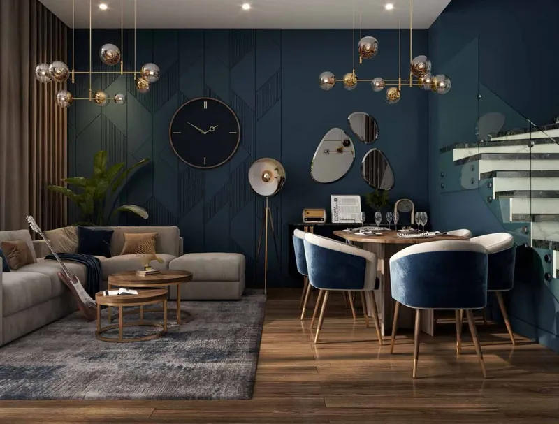 Living and dining room in an R. Hills townhouse with blue panelled walls and a glass staircase (developer render)
