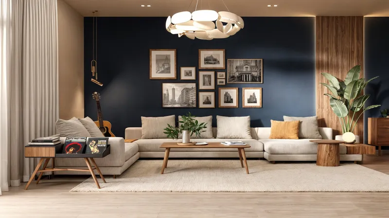 Spacious R. Hills townhouse living room with a large sofa and a blue feature wall (developer render)