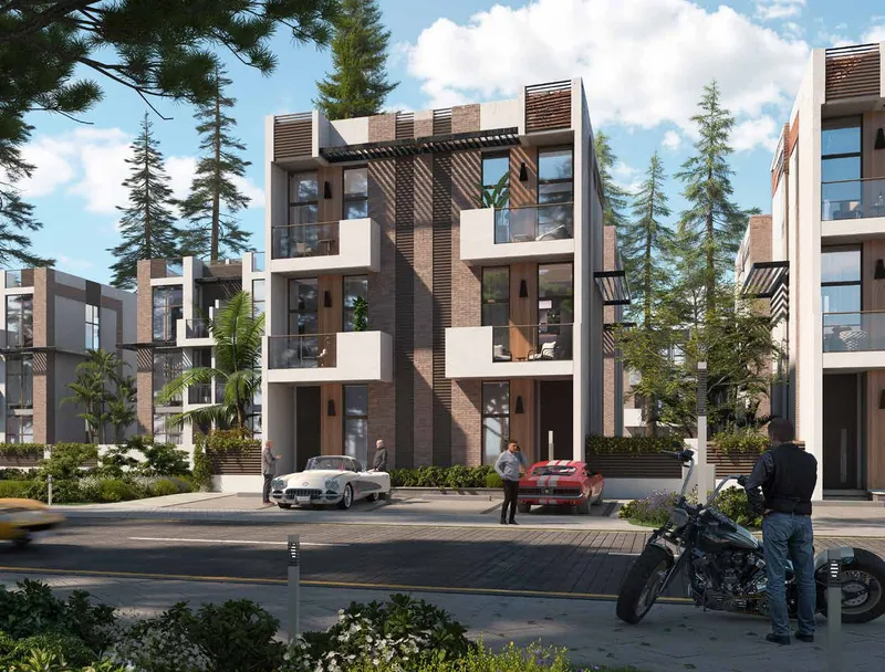 Modern R. Hills townhouses with brick and timber facades and balconies, framed by pine trees (developer render)