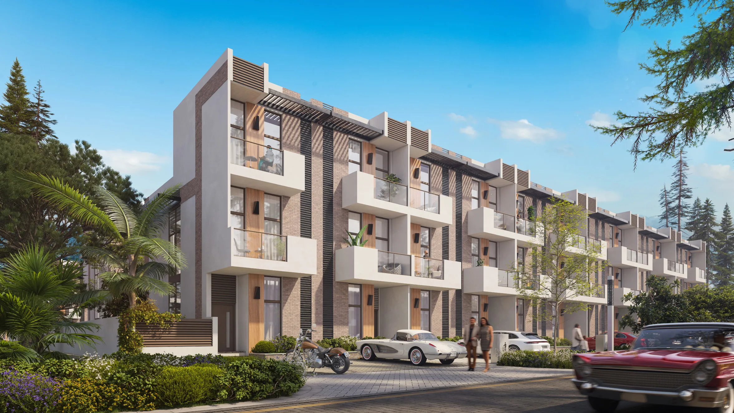A row of three-storey R. Hills townhouses with balconies, wood and brick facades and palm trees along a quiet street (developer render)